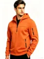 Felpa con cappuccio uomo arancione mezza zip manica lunga pullover casual multitasche - Arancione