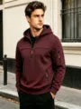 Felpa con cappuccio e mezza zip da uomo autunno casual pullover bordeaux tasche - Borgogna