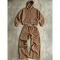 Brown hooded sweatshirt and wide-leg sweatpants set, comfortable casual autumn outfit. - Coffee