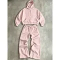Cozy pink hoodie and wide-leg sweatpants set, comfortable casual wear for autumn and winter. - Pink