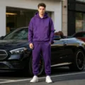 Men's solid color fleece hoodie and sweatpants set, comfortable casual sportswear. - Purple