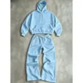 Light blue hoodie and wide-leg sweatpants set, casual loose two-piece lounge outfit for women. - Light Blue