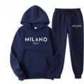 Dark blue fleece-lined hoodie and sweatpants set featuring Milano Italy text print. - XS / Top And Bottom / G1 Navy Blue