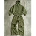 Olive green tracksuit set with comfortable loose hooded sweatshirt and matching wide-leg pants. - Army Green