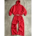 Casual red hoodie and wide leg sweatpants set, loose fit streetwear matching outfit for women. - Red