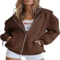 Brown zip-up hoodie for women, casual fleece loose hooded sweatshirt with front zipper. - Brown