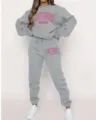 Grey fleece tracksuit set with pink New York Brooklyn print, casual long sleeve crewneck and sweatpants. - XS / Top And Bottom / Dusty Pink