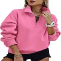 Detailansicht Damen pink Viertelreißverschluss Sweatshirt, lässiges Langarm Oberteil Y2k. - Rosa