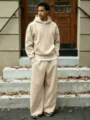 Men's casual fleece-lined hoodie and wide-leg pants two-piece set, khaki relaxed streetwear detail view. - S / Top And Bottom / Apricot Set
