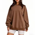 Sweat-shirt décontracté à col rond ample pour hommes et femmes, haut pull marron uni. - Sweat-shirt à col rond marron