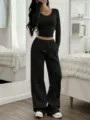 Conjunto pantalón ancho casual y top ajustado de mujer otoño moda negro atuendo - S / Negro
