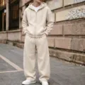 Heren effen hoodie met rits en wijde trainingsbroek set casual streetwear outfit. - S / Top en Broek / Khaki Set
