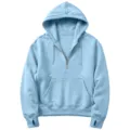 Light blue half-zip hoodie for women with front pocket, drawstrings, and cozy thumbhole cuffs. - S / Light Blue