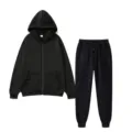 Detailed view of the cozy black fleece zip-up hoodie and sweatpants tracksuit set. - Black