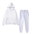 White fleece zip hoodie and matching sweatpants detail, showing soft fabric, pockets and drawstring. - White