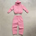 Pink zip-up hoodie and matching wide leg pants tracksuit set casual daily outfit detail - Pink Set