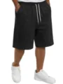Gedetailleerd overzicht van zwarte heren casual shorts met trekkoord en witte koorden. - Zwart