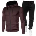 Men's and women's fleece zip hoodie and sweatpants sports tracksuit set with dot pattern. - Burgundy