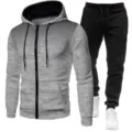 Men casual fleece zip hoodie and sweatpants set with dot pattern for autumn winter. - Light Gray