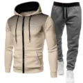 Detailed view of the autumn fleece-lined polka dot zip hoodie and sweatpants tracksuit set. - Khaki + Dark Gray Pants