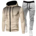 Men's fleece zip-up hoodie and sweatpants tracksuit set with dot gradient shoulder design. - Khaki + Light Gray Pants