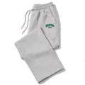 Grey sweatpants detail showing Boston letter print, elastic drawstring and soft fleece fabric. - Gray