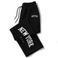 Black casual drawstring sweatpants with white New York USA print for streetwear fashion. - S / Black