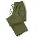 Green loose drawstring sweatpants with letter print, casual wide leg track pants for daily wear. - Army Green