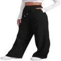 High waisted black wide leg sweatpants detail featuring comfortable adjustable drawstring waist. - S / Black