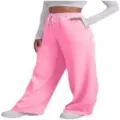 Detailed view of trendy high waisted pink wide leg sweatpants with comfortable drawstring. - S / Pink