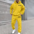 Yellow fleece hooded sweatshirt set with New York print, street style winter tracksuits. - S / Top And Bottom / Bright yellow