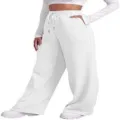 Detailed view of women's high-waisted grey wide leg sweatpants with adjustable drawstring. - S / White