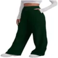 Women high waisted wide leg sweatpants in dark green, casual comfort fit with drawstring waist. - S / Dark Green