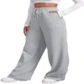 Wide leg sweatpants for women, trendy high waisted grey casual trousers with drawstring. - Light Gray