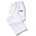 Casual white loose sweatpants with drawstring waist and green Boston collegiate print. - White