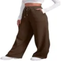 Women high waisted brown wide leg sweatpants with drawstring casual lounge trousers comfy. - Dark Coffee