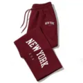 Casual maroon sweatpants featuring bold white New York letter print, loose fit and comfy drawstring. - Burgundy