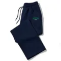 Casual navy blue wide leg sweatpants featuring Boston letter print and adjustable drawstring waist. - Navy Blue
