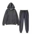 Detailed view of dark grey fleece zip-up hoodie and matching sweatpants tracksuit set. - Dark Gray