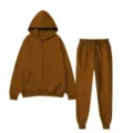 Casual fleece zip hoodie and sweatpants set for men and women, loose fit tracksuit - Coffee