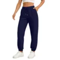 Detail view of casual dark blue sweatpants with elastic drawstring waistband and comfortable fit. - Navy Blue