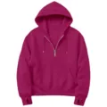 Women half-zip fleece hoodie with kangaroo pocket and thumb holes in dark pink color. - Rose Red
