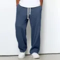 Men's waffle knit casual loose wide leg lounge pants with adjustable drawstring for daily wear. - S / Navy Blue