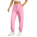 Women pink casual sports sweatpants, high waist drawstring jogger trousers, detail. - Pink