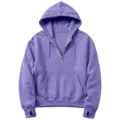 Purple half-zip fleece hoodie for women, featuring a cozy hood, kangaroo pocket and thumb holes. - Lavender