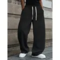Men's casual loose streetwear sweatpants with white drawstring, comfortable wide leg fit. - S / Black