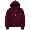 Burgundy quarter-zip hoodie for women, featuring a cozy hood, front pocket, and thumbholes. - Burgundy