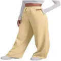 Trendy high waisted wide leg sweatpants for women featuring comfortable drawstring design. - Khaki