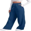 Women high waisted wide leg sweatpants blue casual comfortable lounge pants apparel - Navy Blue