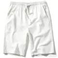 Men casual cotton linen shorts summer breathable beach five-point trousers white color - S / White